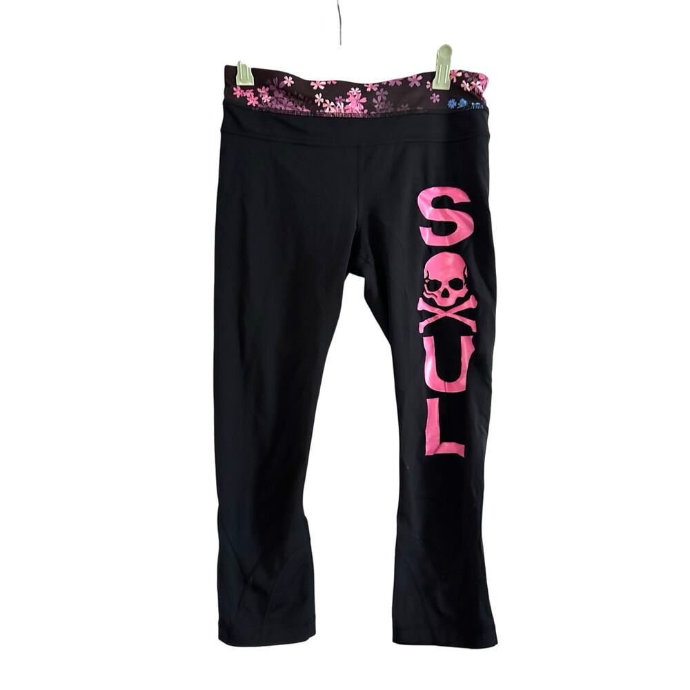 LULULEMON Soulcycle Floral Waistband Cropped Leggings Pink Skull - Sz 6